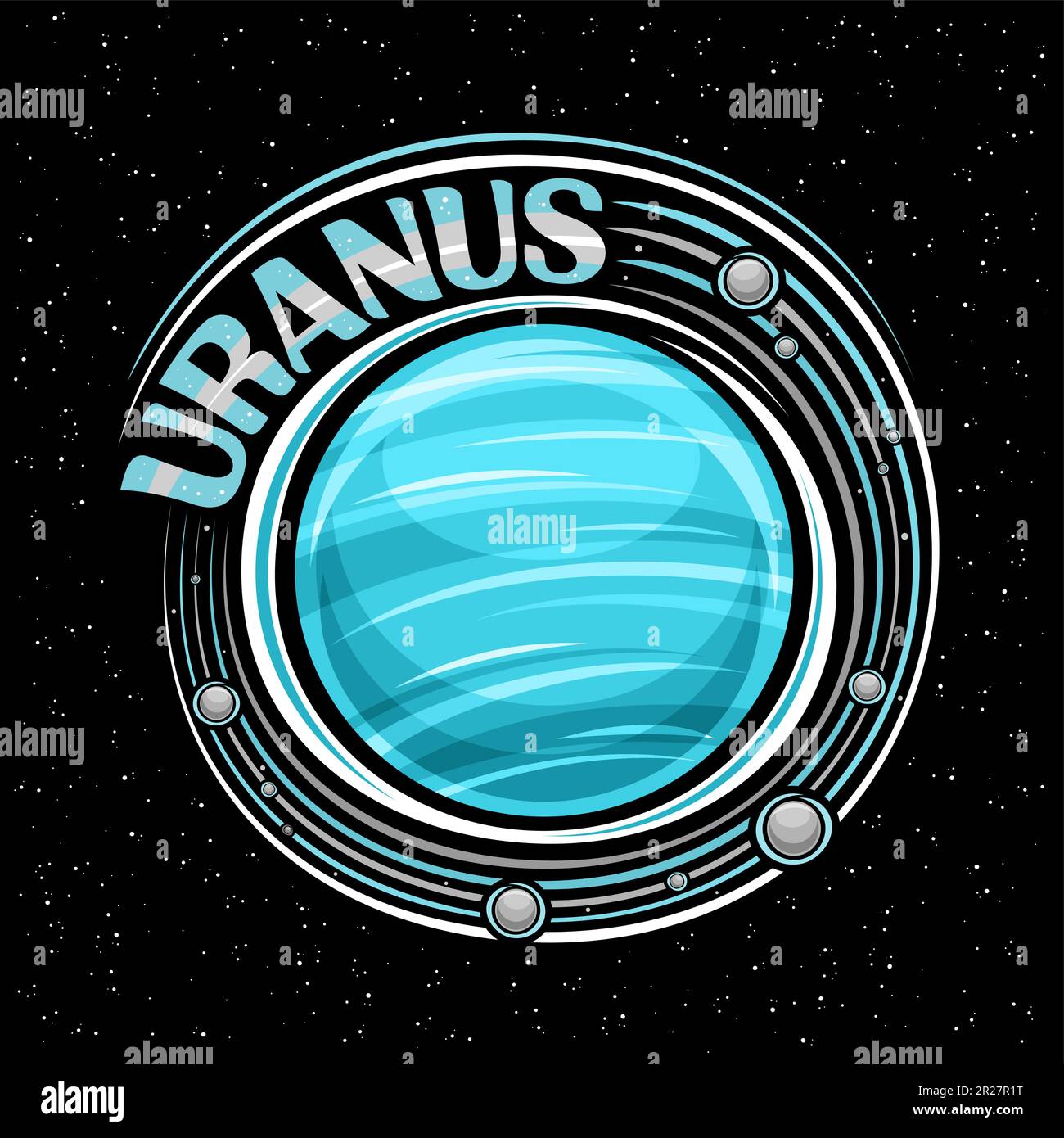 Vector logo for Uranus, decorative fantasy print with rotating planet uranus and many moons, gas windy surface, cosmo badge with unique brush letterin Stock Vector