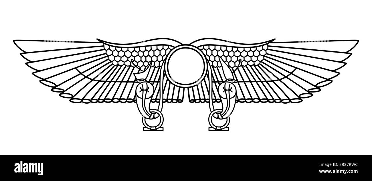 Winged Sun of Thebes. Solar symbol of divinity, royalty and power in Ancient Egypt, flanked on either side with an uraeus, a rearing cobra. Stock Photo