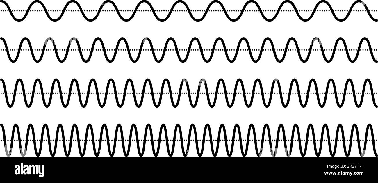 Sinusoid signals set. Black curve sound waves collection. Voice or music audio concept. Pulsating signal lines pack. Electronic radio graphics with different frequency and amplitude. Vector bundle  Stock Vector