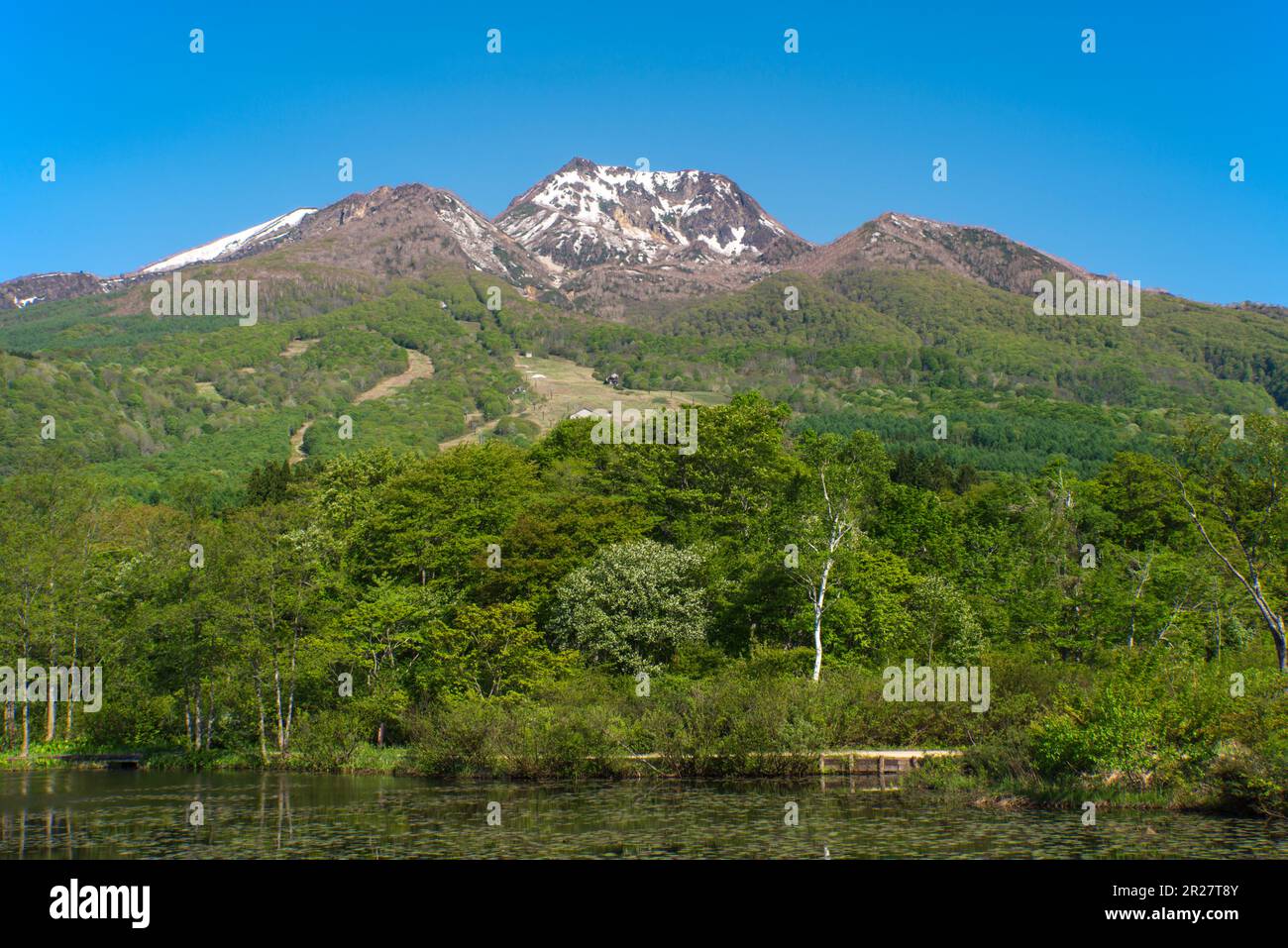 Imori pond and Mt. Myoko Stock Photo