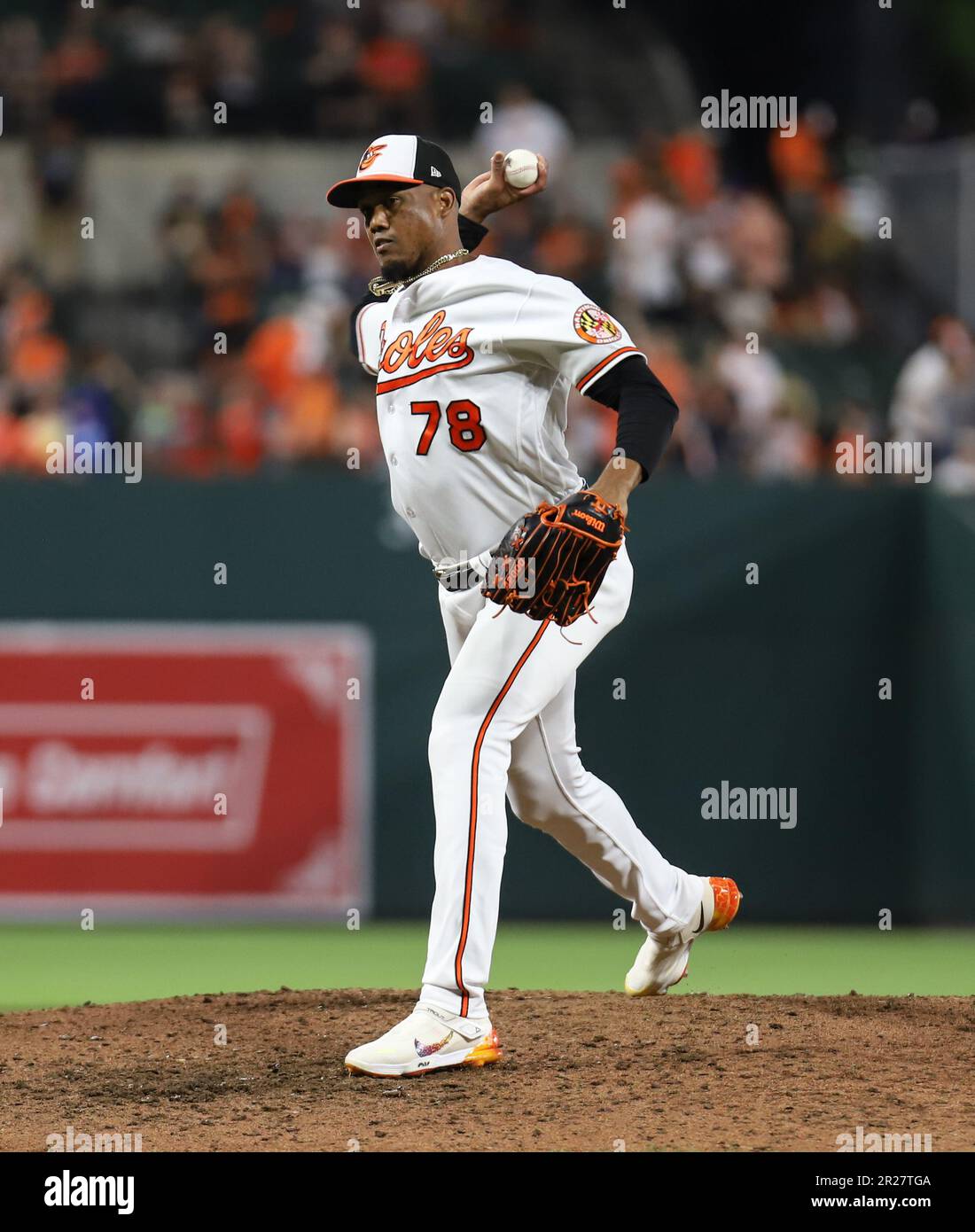 Baltimore Orioles pitcher Yennier Cano (78) throws against the Los Angeles Angels on May 16 2023 at Oriole Park at Camden Yards in Baltimore Maryland (Alyssa Howell/Image of Sport) Stock Photo