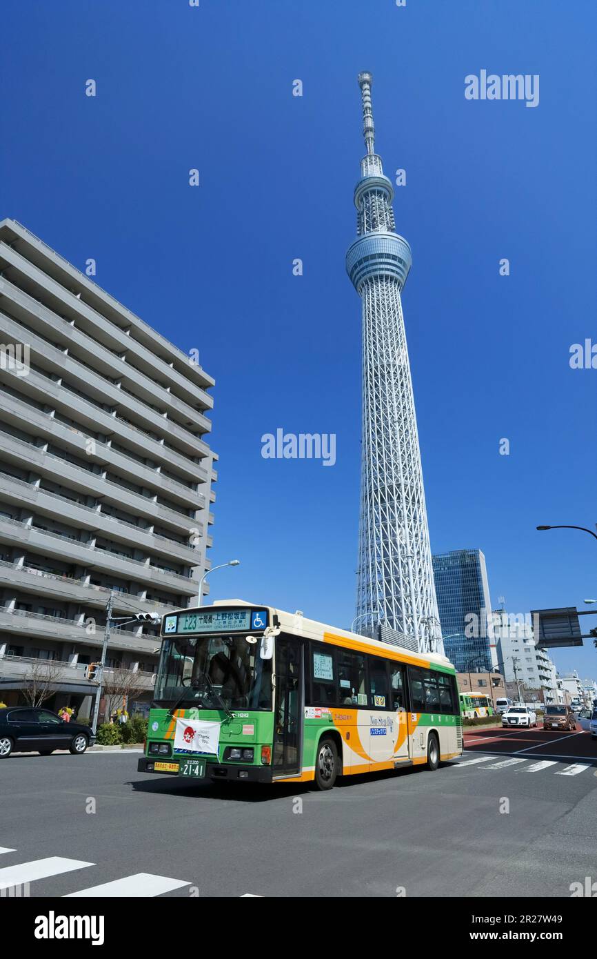 Low-floor city bus and Tokyo sky tree Stock Photo