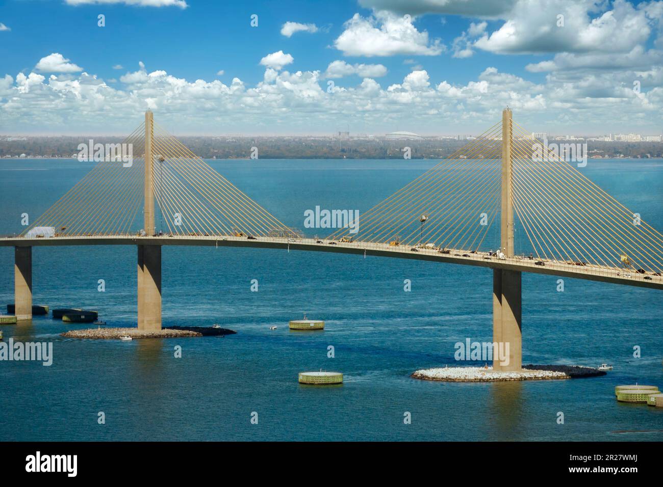 Aerial view of Sunshine Skyway Bridge over Tampa Bay in Florida with