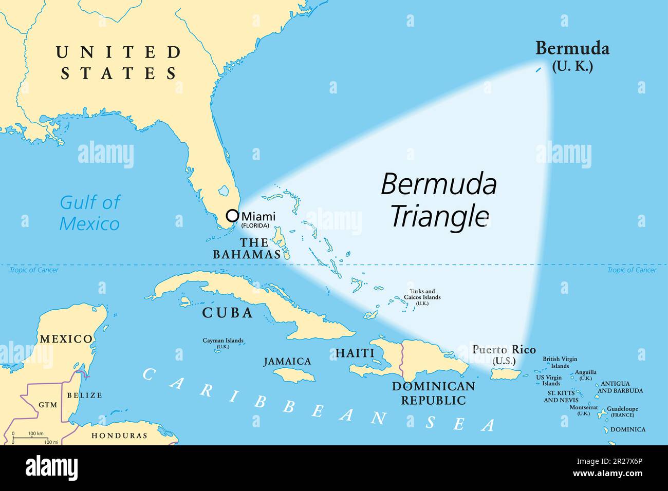 Bermuda Triangle, Devils Triangle, map. Region in North Atlantic between Bermuda, Miami and Puerto Rico, where aircrafts and ships disappeared. Stock Photo