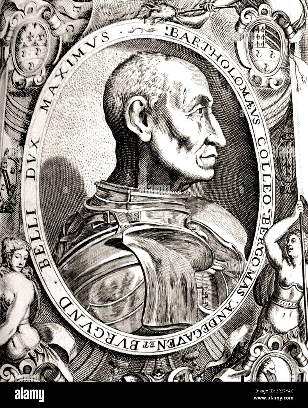 1470 ca , Bergamo , ITALY : The italian Condottiero BARTOLOMEO COLLEONI ( 1395 - 1475 ). Engraved portrait from XVI Century . - CONDOTTIERO - PORTRAIT - RITRATTO - ITALIA - Capitano di Ventura - Generale - ritratto - incisione - illustrazione - illustration - profilo - profile - RINASCIMENTO - RENAISSANCE - armure - armatura  - HISTORY - FOTO STORICHE ---  Archivio GBB Stock Photo