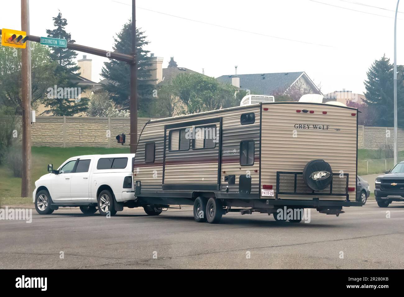 Calgary, Alberta, Canada. May 17, 2023. A White truck with a camper RV
