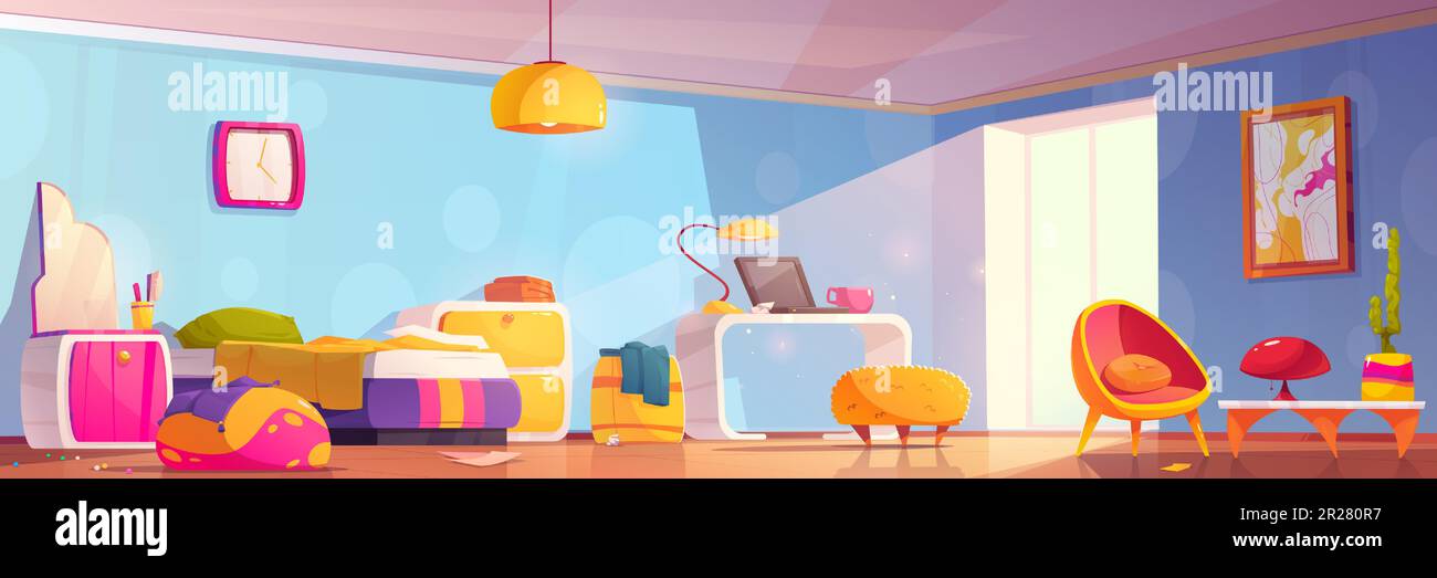 Groovy room vector interior design background. Girl home bedroom inside ...