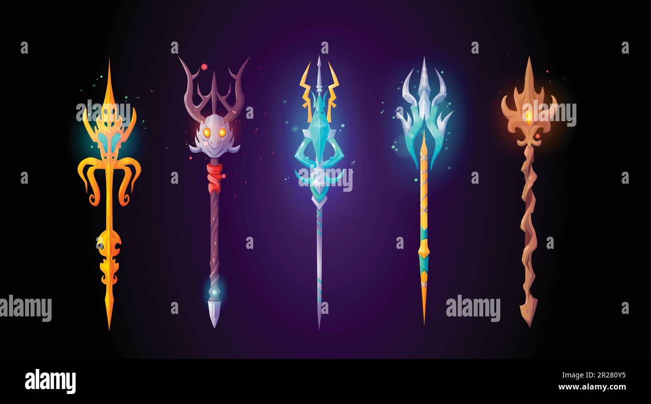 Magic staff icon. Devil trident and spear cartoon fantasy ui set. Gold mythology pitchfork for demon illustration. Magician blue neptune weapon with arrow isolated. Warlock lance for game interface Stock Vector