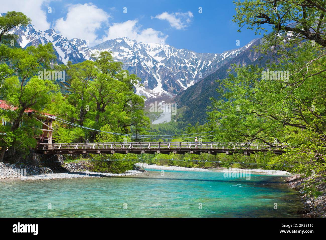 Verdure, Azusagawa, Kappa bridge and Hotaka mountain range Stock Photo ...