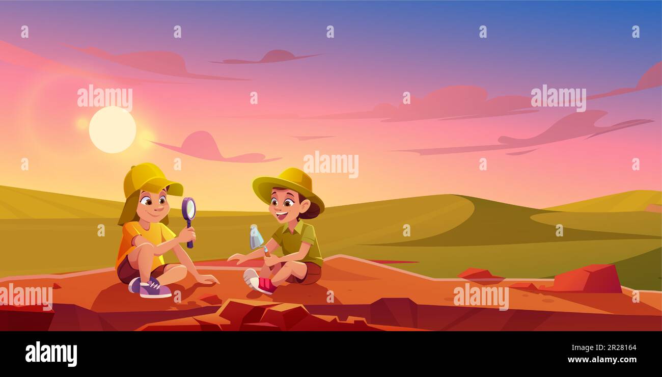 Archaeologist kid boy dig and explore on sunrise. Children