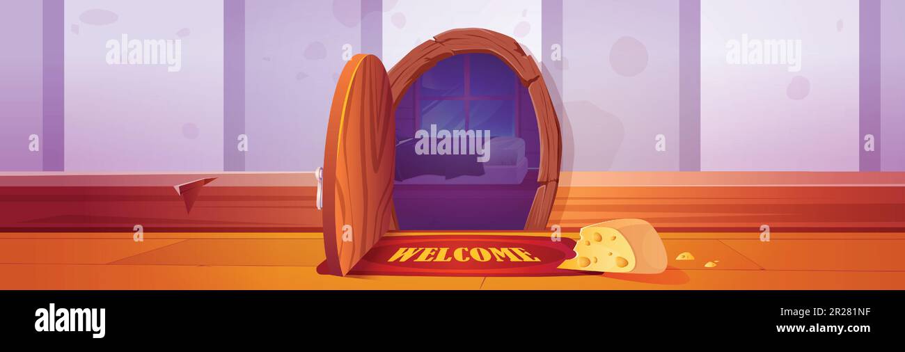 Cheese near mouse hole in room wall. Vector cartoon illustration of ...