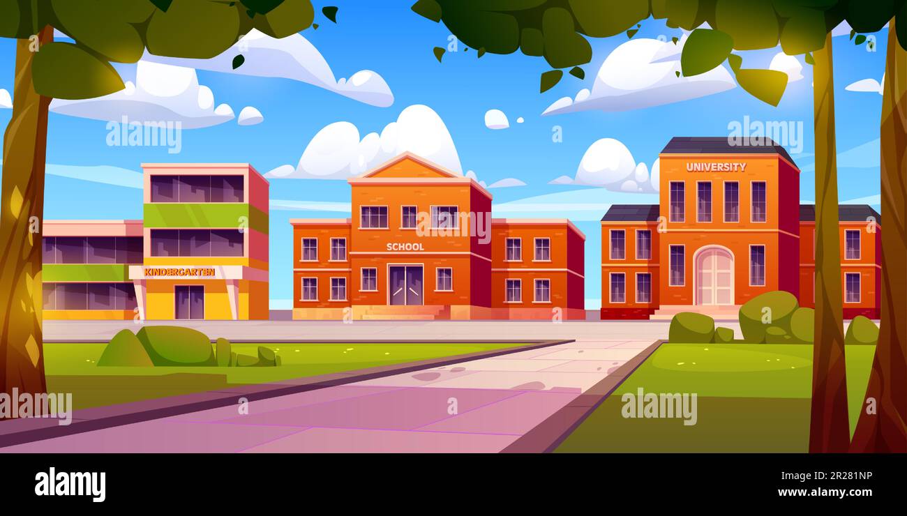 Cartoon school, kindergarten, university buildings. Vector illustration ...