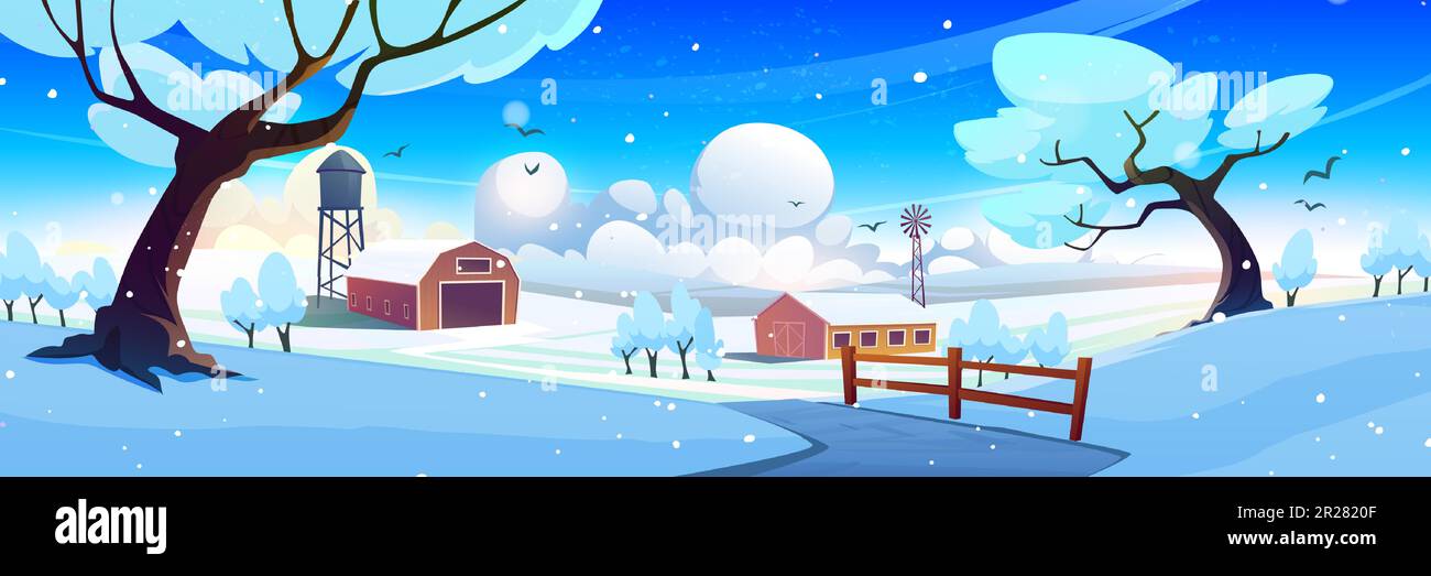 Winter snow field landscape with barn house vector scene. Country farm ...
