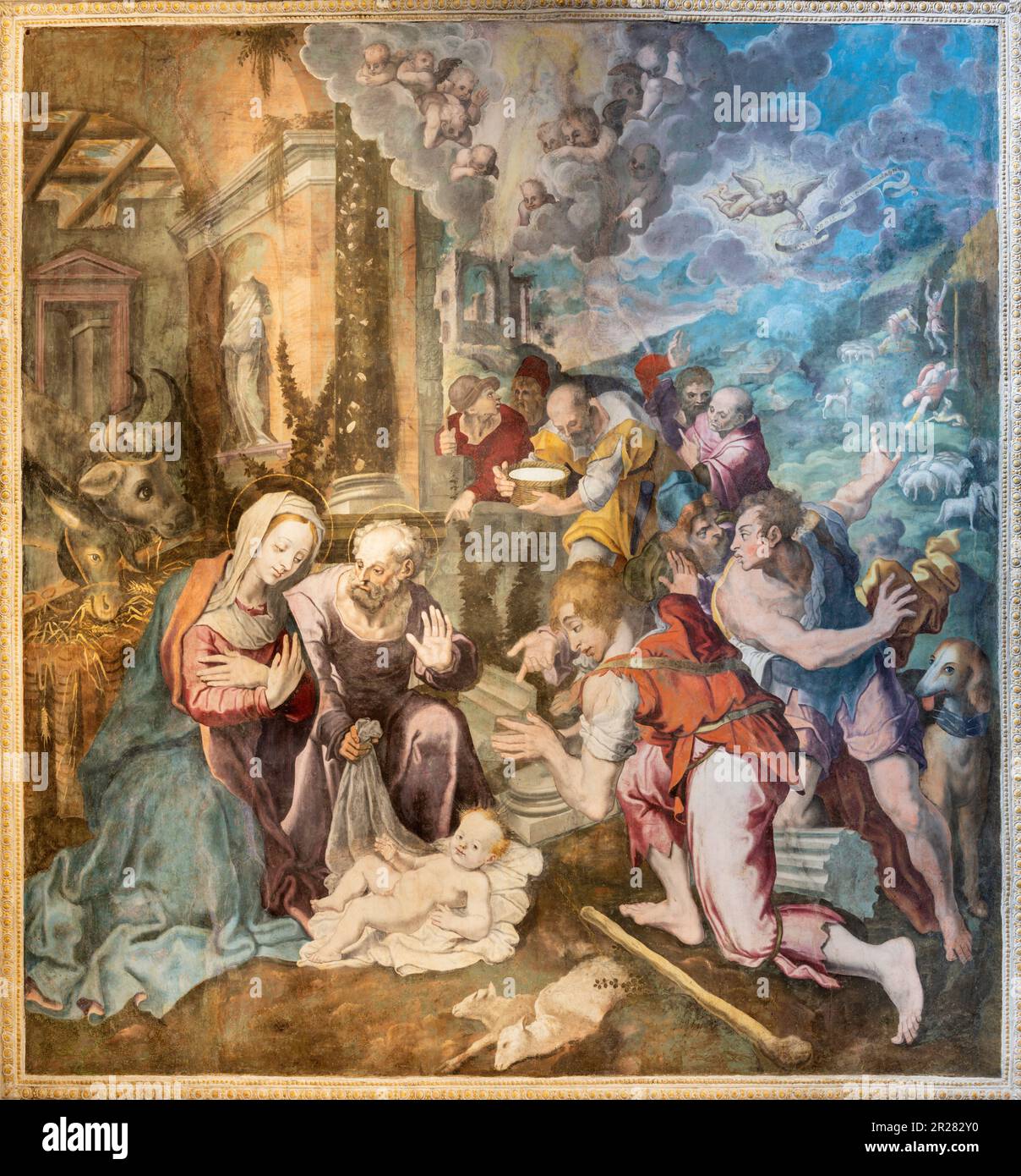 NAPLES, ITALY - APRIL 23, 2023: The fresco of  Nativity - Adoration of Shepherds in the church Chiesa di San Giovanni a Carbonara Stock Photo