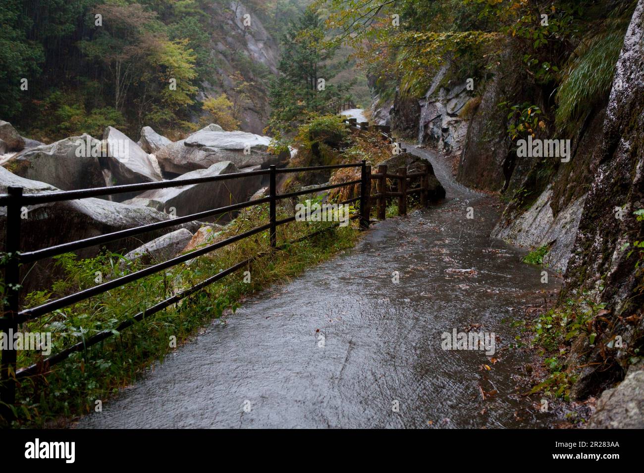 Rising water level of Shosenkyo gorge due to typhoon no. 14 Stock Photo