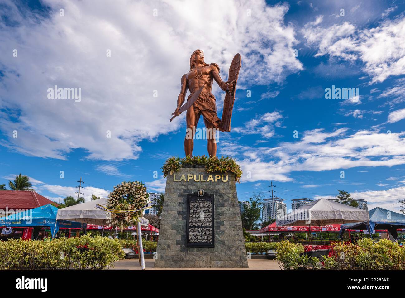 May 5, 2023: Lapulapu statue at Mactan Shrine in Mactan island, Cebu, Philippines. It was erected to honor the first Filipino hero, Rajah   Lapu Lapu, Stock Photo