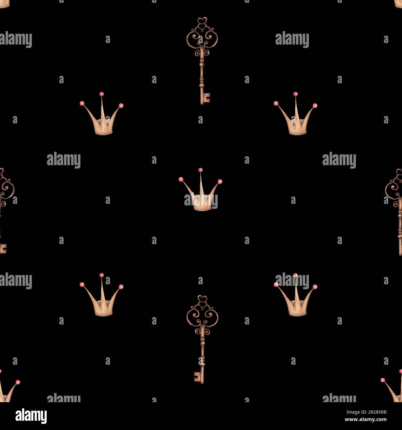 seamless watercolor pattern vintage keys and princess crown. cute