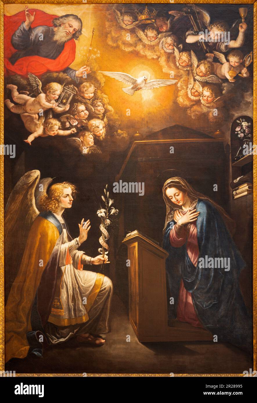 NAPLES, ITALY - APRIL 20, 2023: The painting of Annunciation  in the church Basilica di Santa Maria della Sanita by Giovanni Bernardo Azzolino (1629). Stock Photo