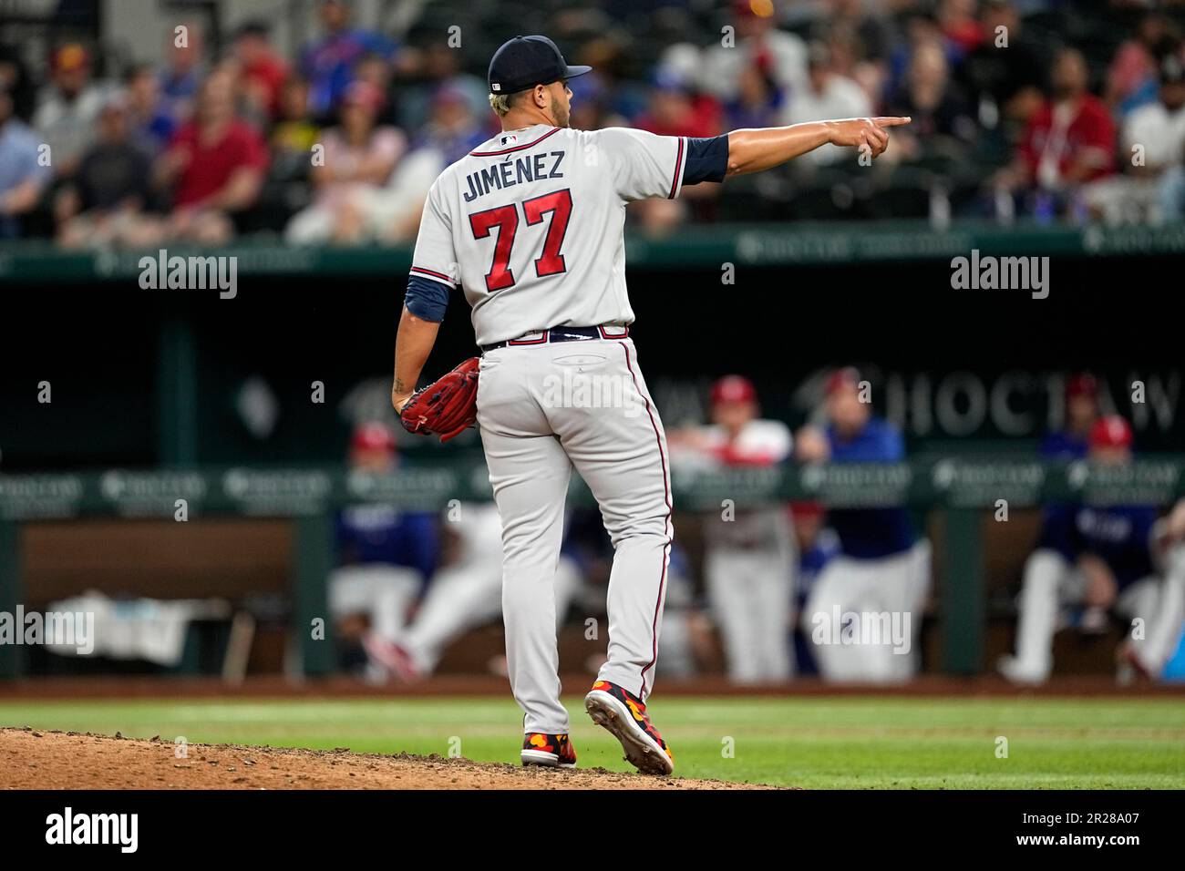Atlanta Braves' Joe Jimenez ask for an umpires decision during a