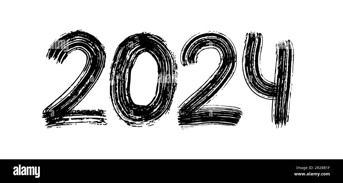 2024 numeral text hand lettering. Dry brush texture effect. Happy New