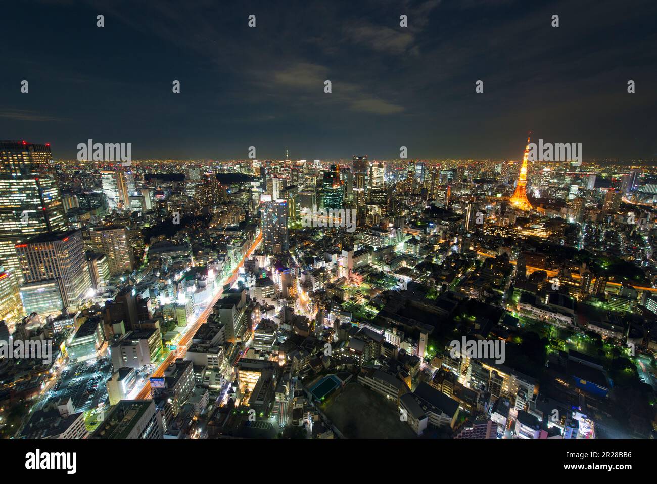 Wide night view of Tokyo Tower and Tokyo Sky Tree Stock Photo