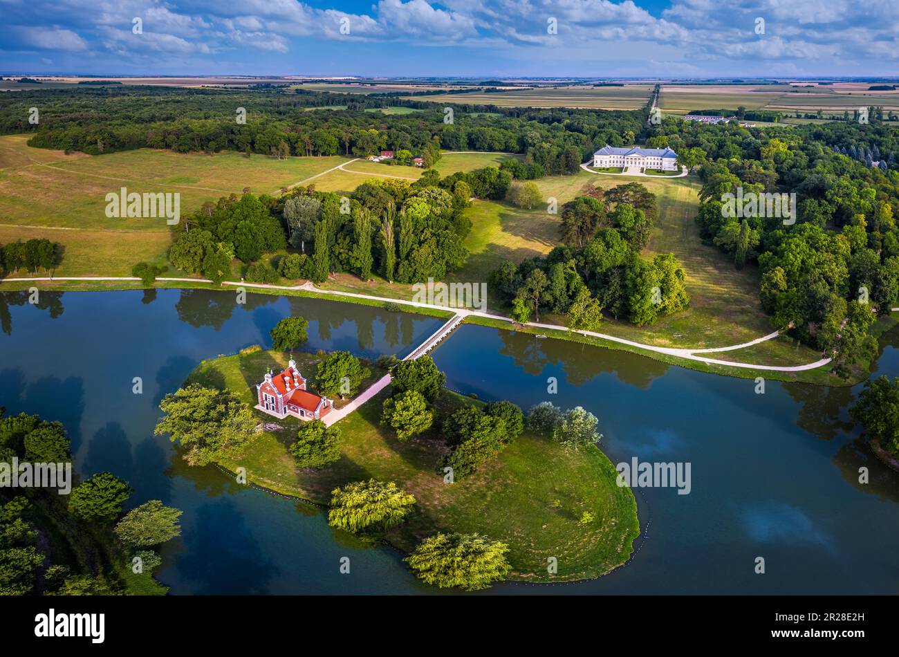 Deg, Hungary - Aerial panoramic view of the beautiful Holland house (Hollandi haz) on a small island at the village of Deg with Festetics Palace Stock Photo