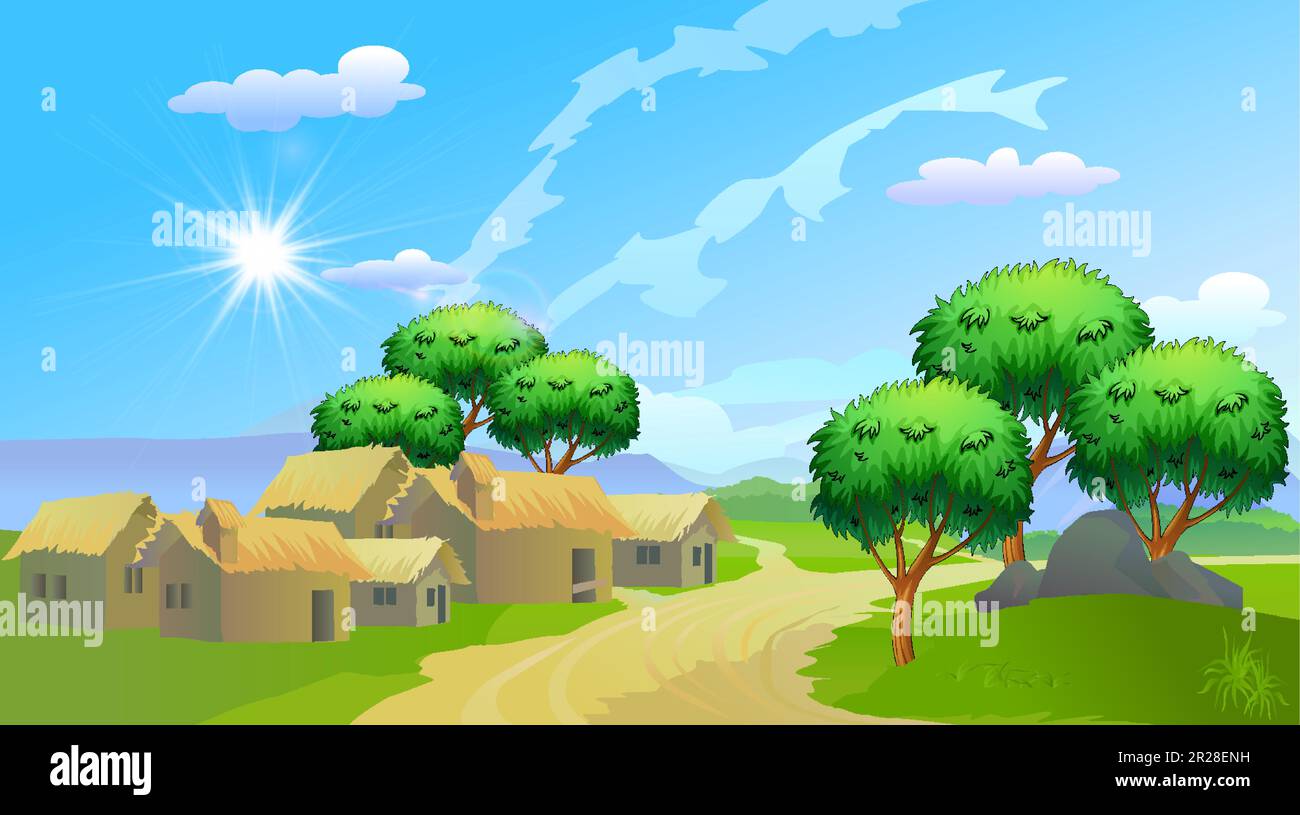 Vector village cartoon background illustration with old style