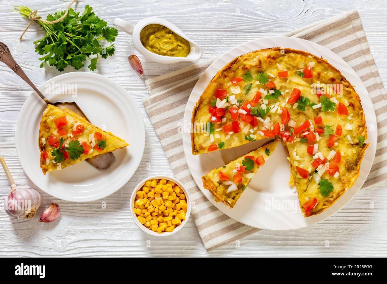 vegetarian Green Chile Enchilada Casserole of corn tortillas layered