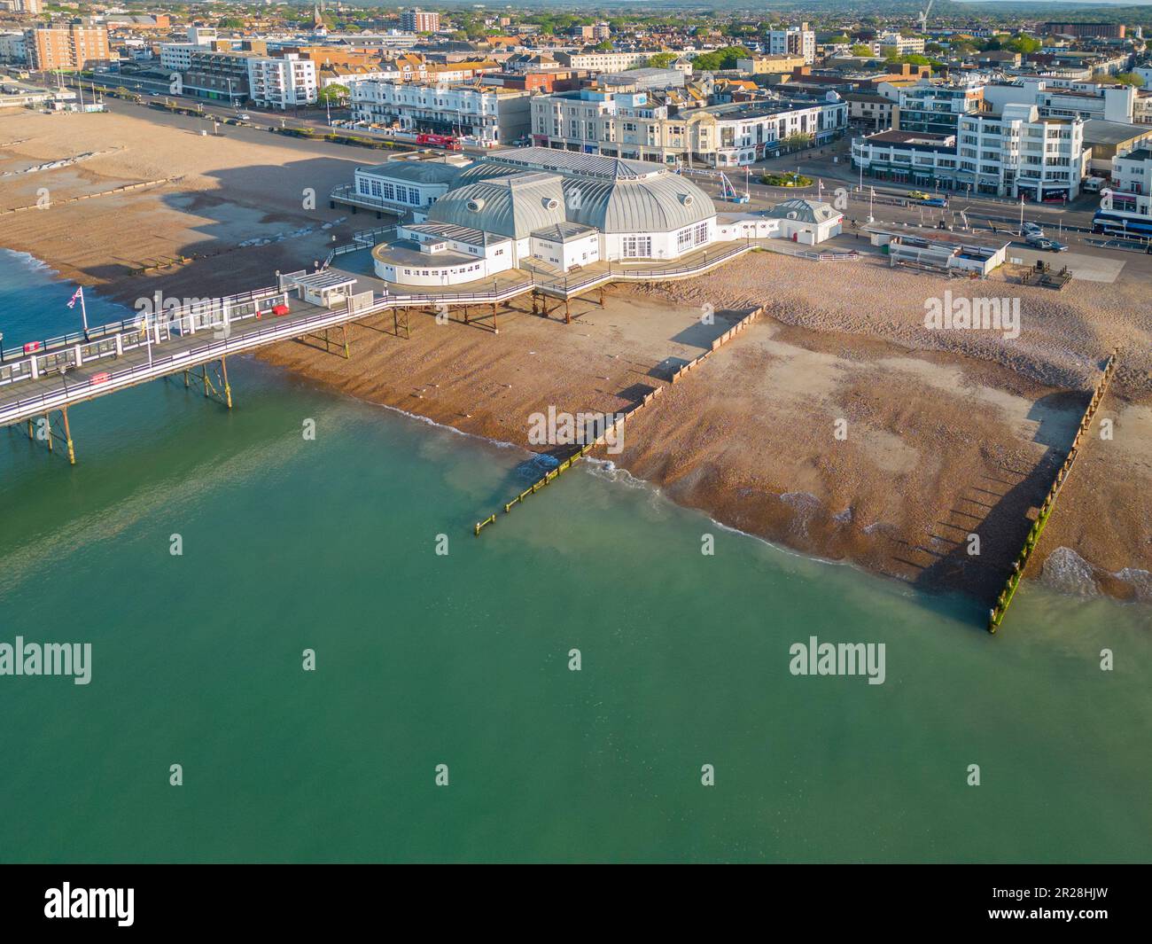 aerial view of worthing pier  beach and seafront on the west sussex coast Stock Photo