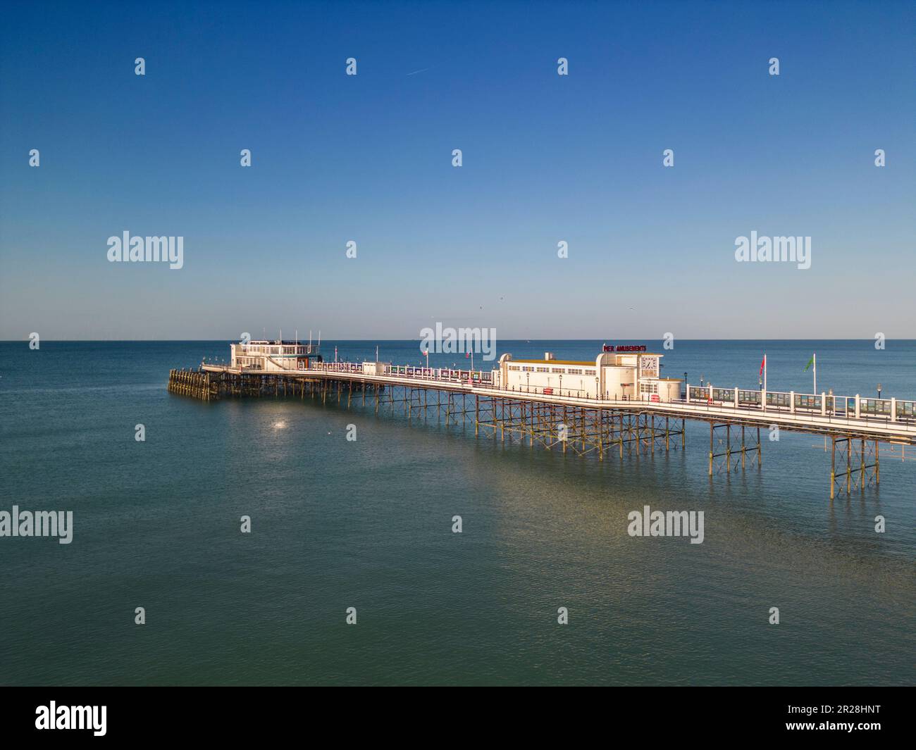 aerial view of worthing pier  beach and seafront on the west sussex coast Stock Photo