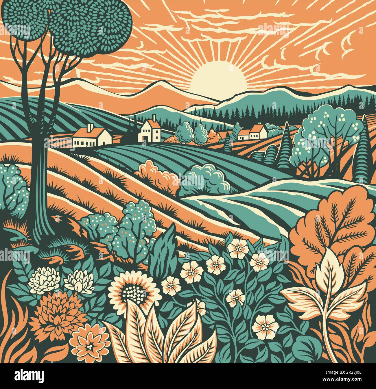 Fields Rolling Hills Farm Land Flowers Background Stock Vector