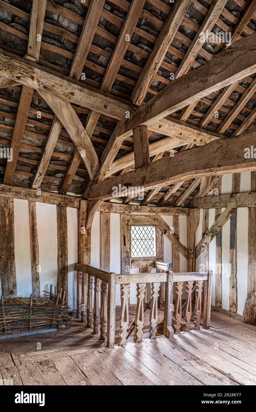 The interior of the top storey of the late 15th century timber framed gatehouse at Lower Brockhampton Manor House near Bromyard, Herefordshire, UK Stock Photo