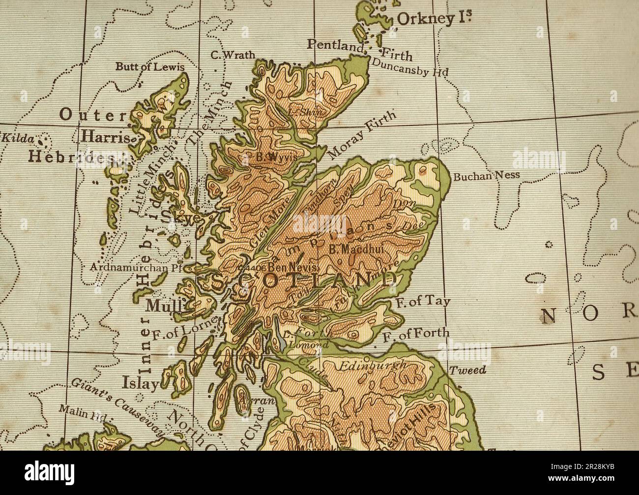 Vintage geographical map of Scotland, United Kingdom in sepia. Stock Photo