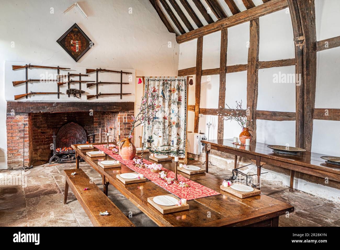 The interior of the late 14th or early 15th century timber framed Lower Brockhampton Manor House near Bromyard, Herefordshire, England UK Stock Photo