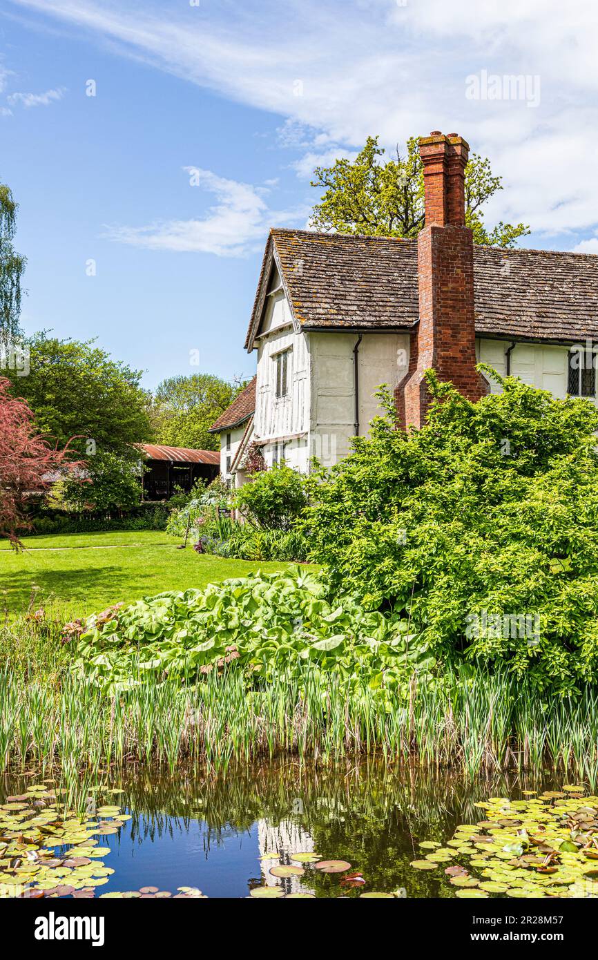 The moated late 14th or early 15th century timber framed Lower Brockhampton Manor House near Bromyard, Herefordshire, England UK Stock Photo