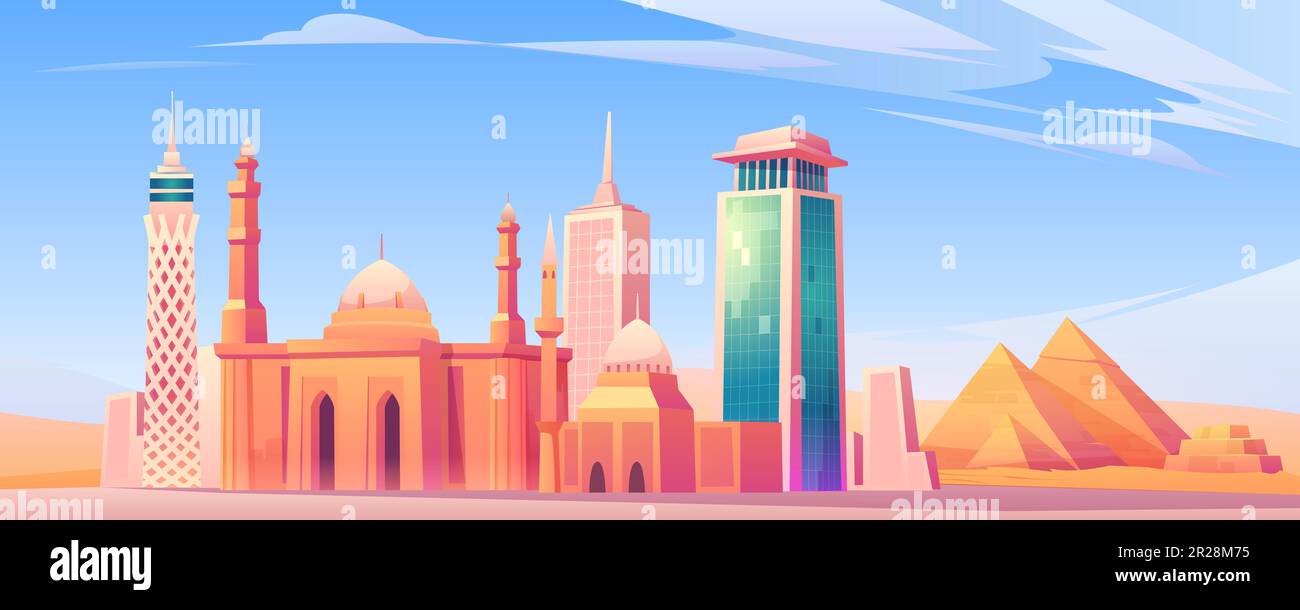 Egypt landmarks, Cairo city skyline mobile phone background or screen saver with world famous pyramids, tv tower, mosque in desert tourist attraction architecture buildings Cartoon vector illustration Stock Vector