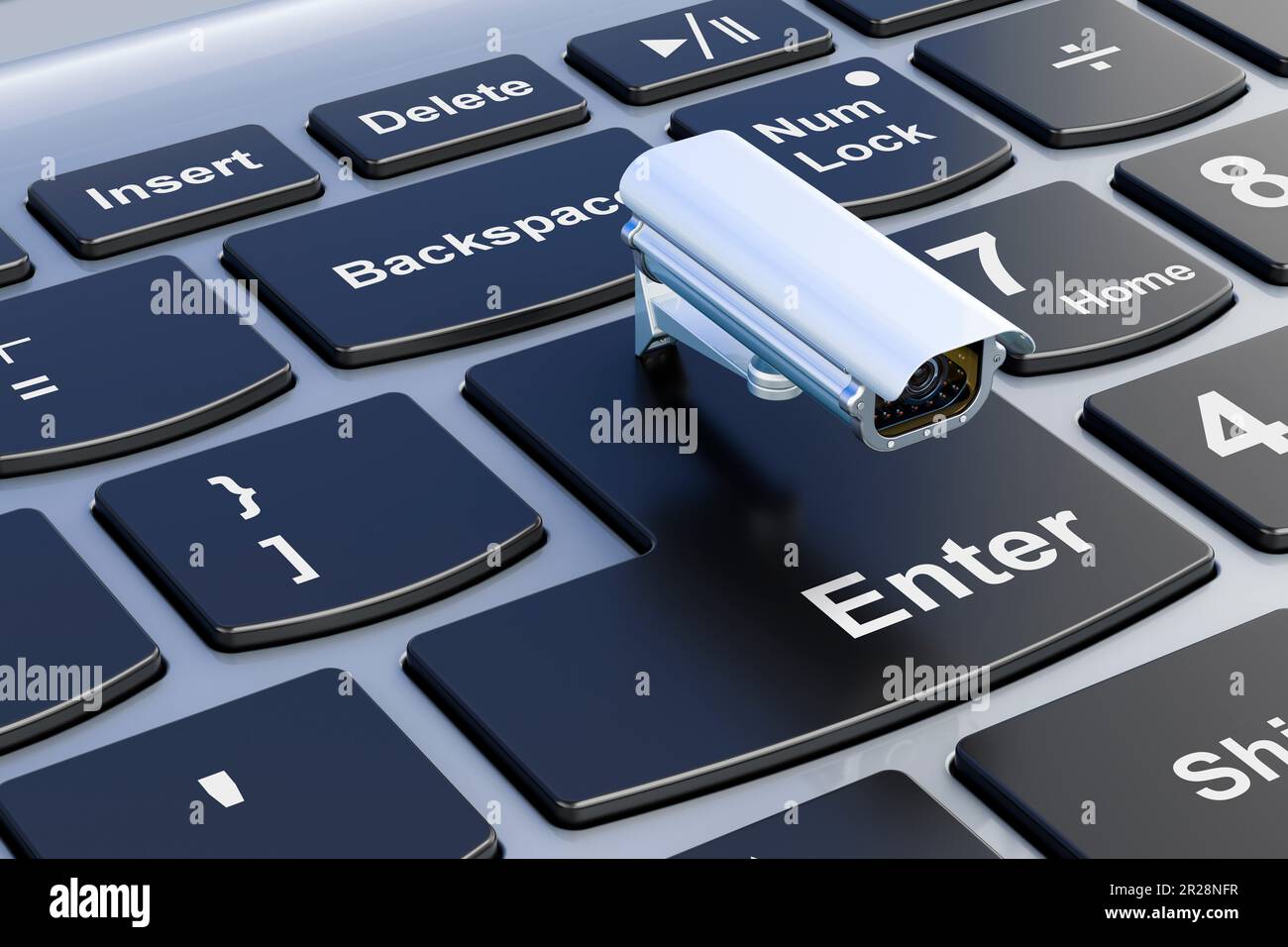 Security surveillance camera on laptop keyboard. 3D rendering Stock
