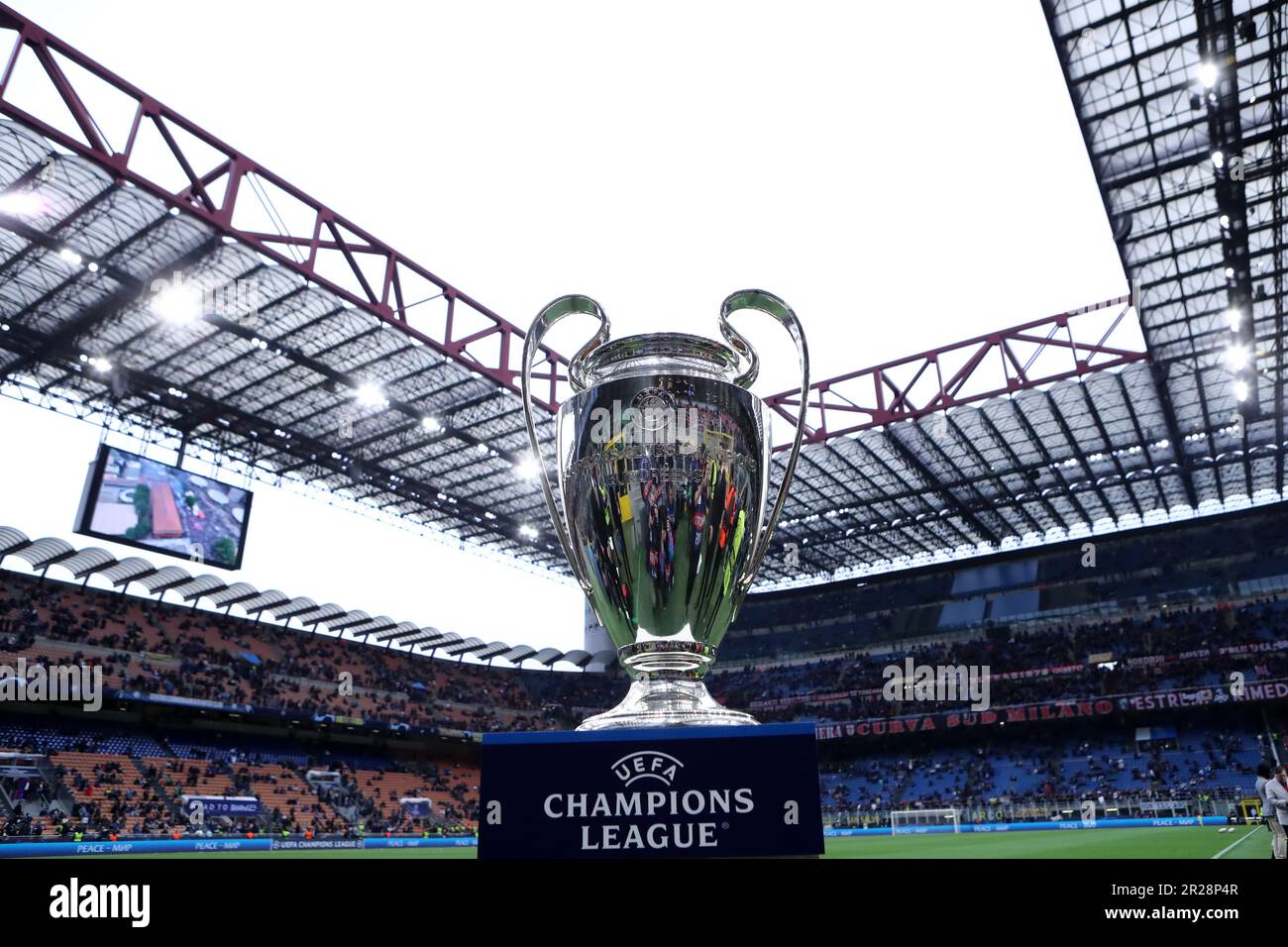 The Champions League trophy is put on display before the Uefa Champions League semi-final second leg match  between Fc Internazionale and Ac Milan at Stadio Giuseppe Meazza on May 16, 2023 in Milano Italy . Stock Photo