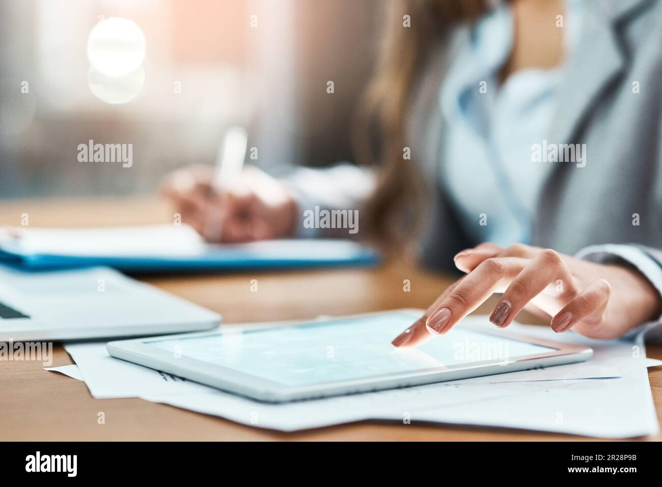 Business woman, tablet and screen with documents, legal paperwork and ...