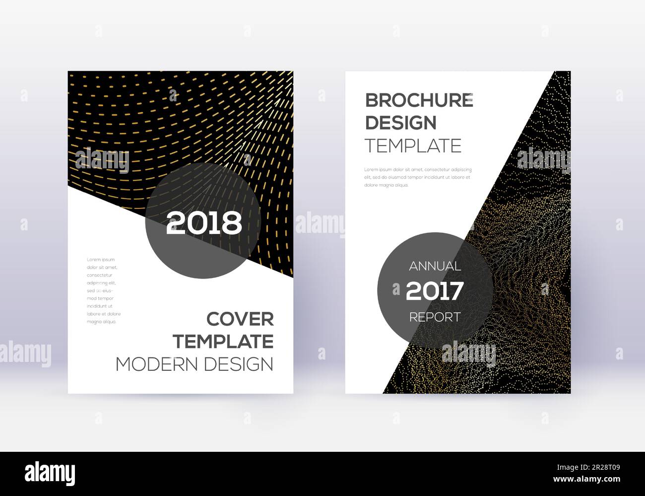 Modern cover design template set. Gold abstract lines on black