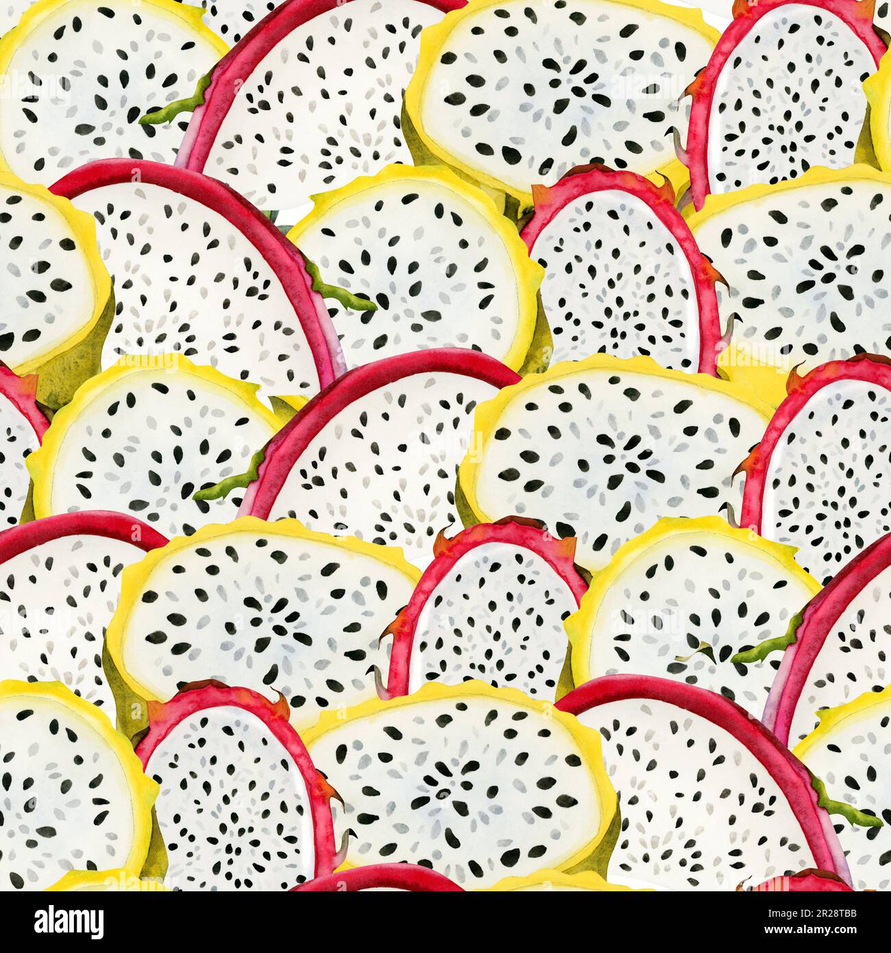 Dragon fruit slices seamless pattern with watercolor pink red and yellow pitaya cactus. Bright tropical print background Stock Photo