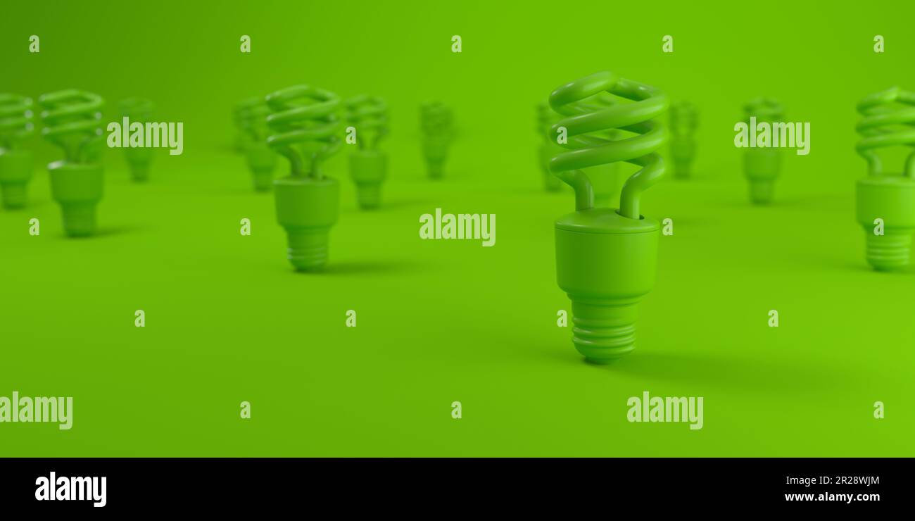 Grid of Light bulb on green background. Sustainability concept. 3D rendering. Stock Photo