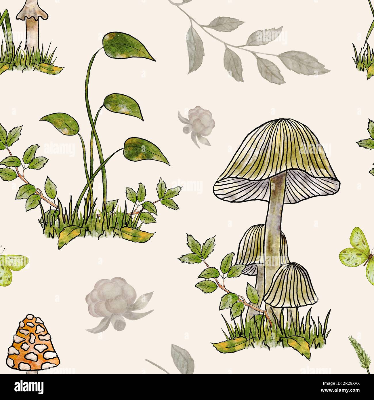 Watercolor mushroom seamless pattern. Pattern with toadstool mushrooms