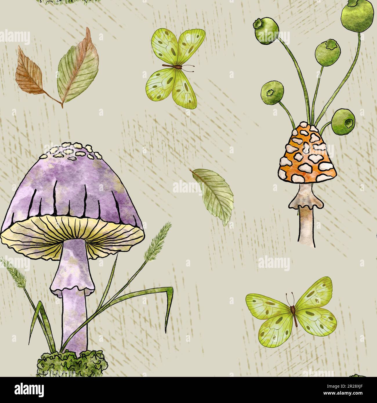 Watercolor mushroom seamless pattern. Pattern with toadstool mushrooms