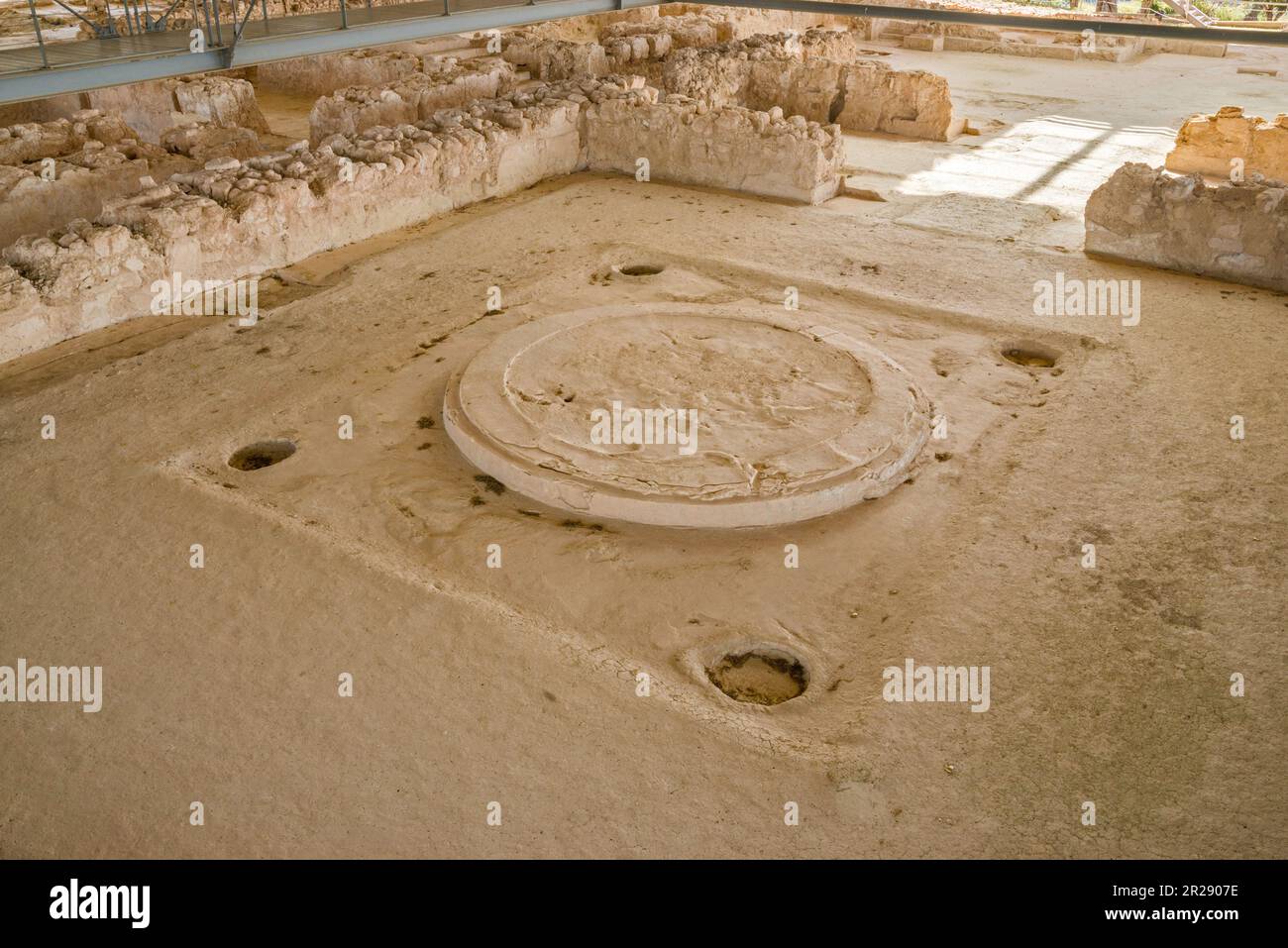 Throne Room at Palace of Nestor, Mycenaean civilization, near town of Pylos and village of Chora (Hora), Peloponnese region, Greece Stock Photo