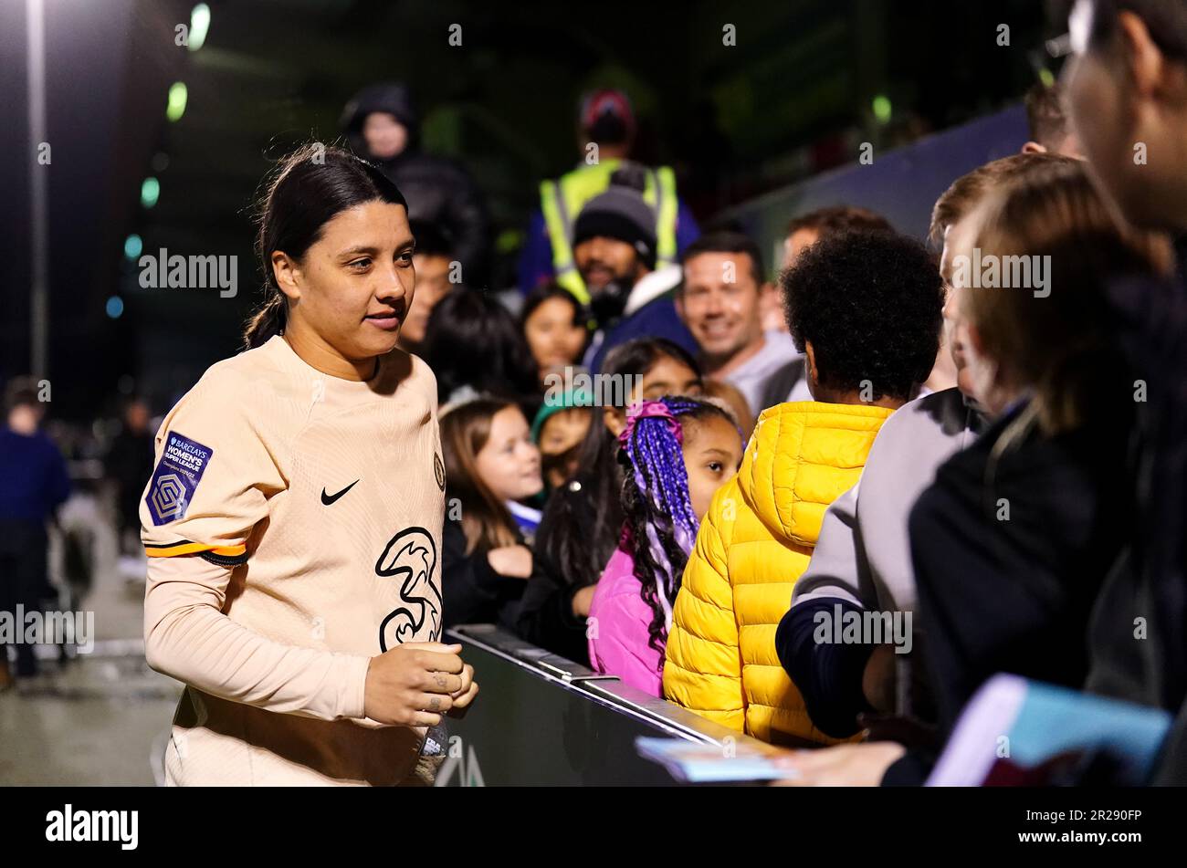 Chelsea’s Sam Kerr with fans after the Barclays Women's Super League match at Chigwell Construction Stadium, London Stock Photo