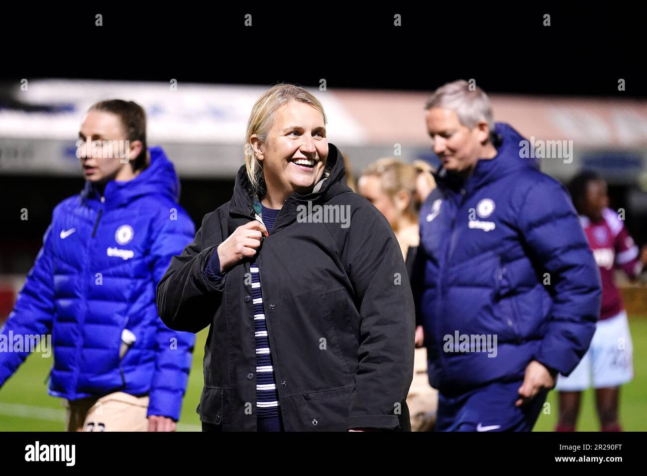 Chelsea manager Emma Hayes after the Barclays Women's Super League match at Chigwell Construction Stadium, London Stock Photo