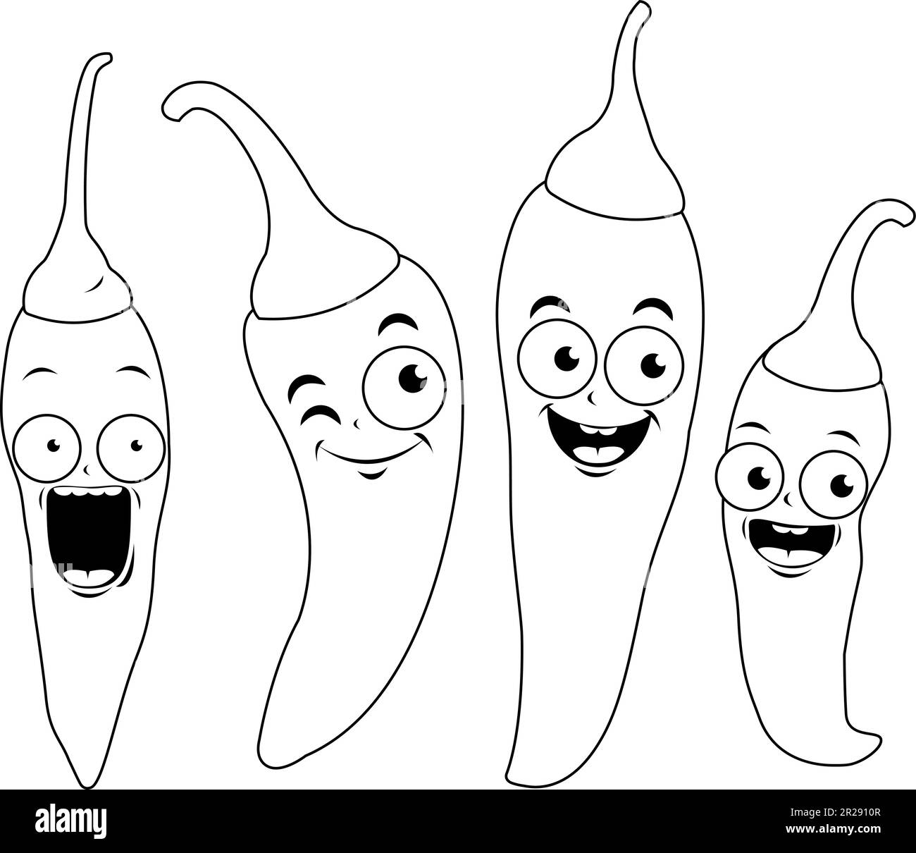 Cartoon hot chili pepper characters. Vector black and white coloring page Stock Vector
