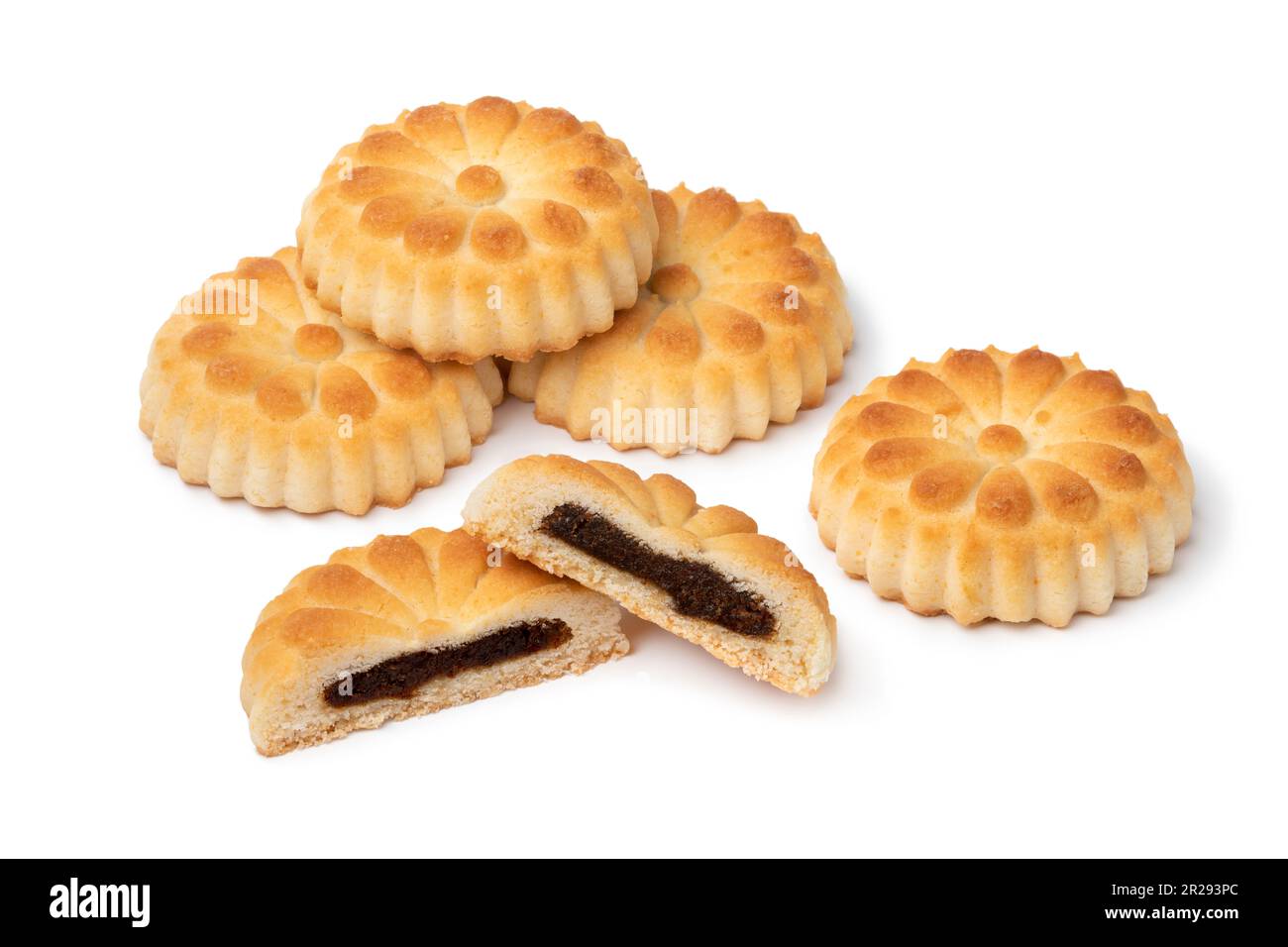 Traditional fresh baked whole and halved Maamoul cookies stuffed with