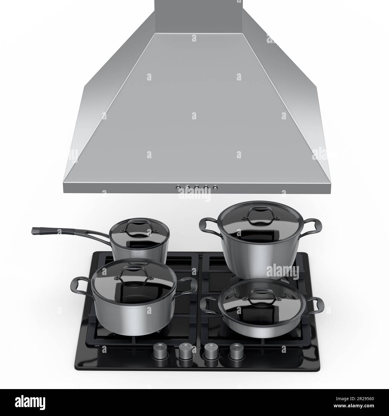 Set of kitchen utensil, stewpot, frying pan and chrome cookware hanging on shelf and electric or